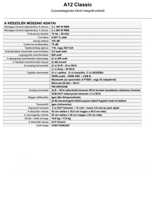 Advance Acoustic Paris A12 Classic hibrid  integrált sztereó erősítő digitális bemenetekkel